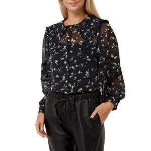 Mango Black Sheer Floral Button-Up Blouse with Peter Pan Collar